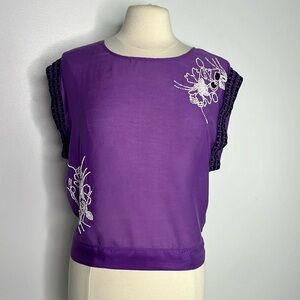 Anthropologie Leifnotes Purple Beaded Open Back Top Blouse Shirt size 8